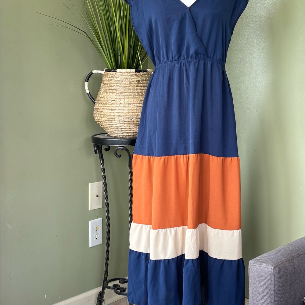 Source Unknown Navy, Orange, and Cream Maxi Dress - Picture 2 of 4